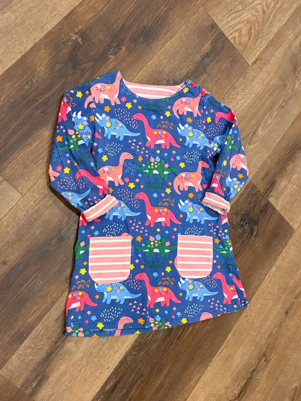Blue Dinosaur Dress Pockets Flowers Animals 6/7 Girl